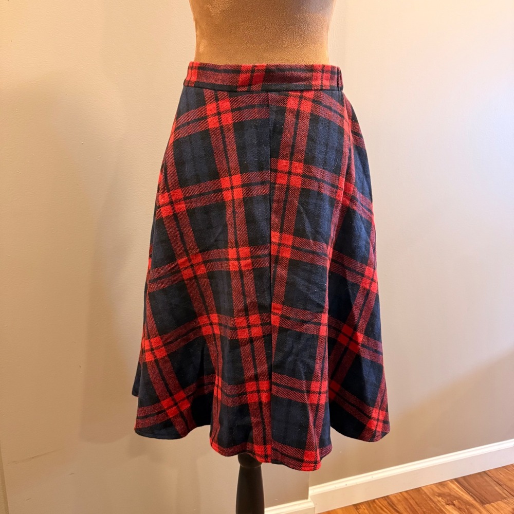 Allegra K Plaid A-Line Skirt Women L Red Blue Flared Knee Length Dark Academia